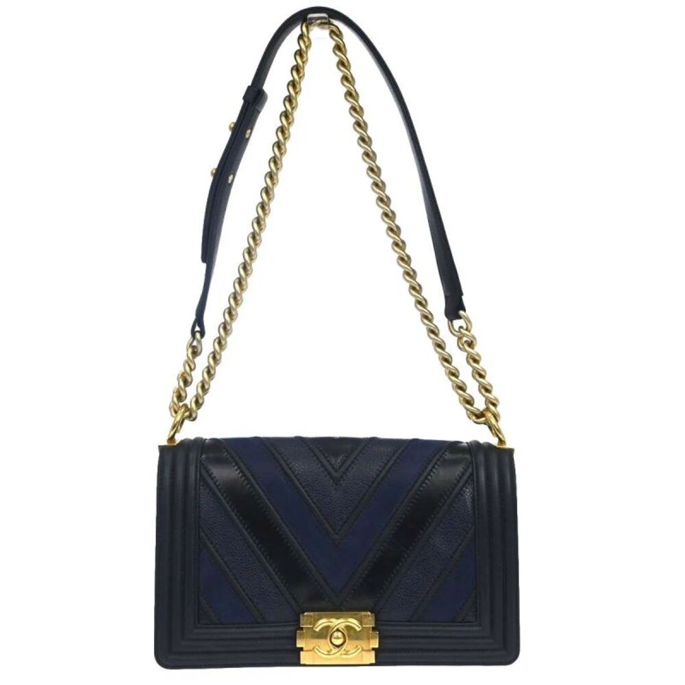 Chanel Boy Flap Chevron Caviar And Calfskin Navy Leather Shoulder Bag Bag